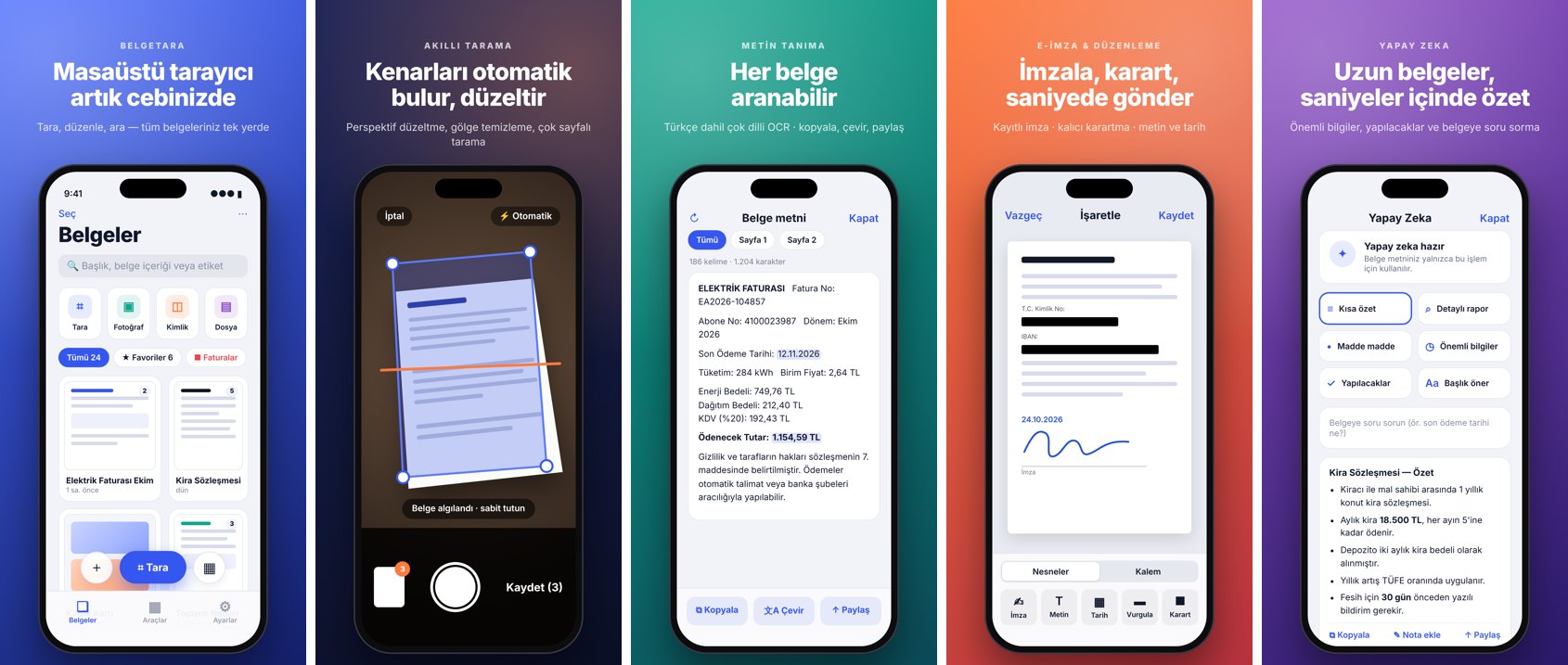 Belgetara iPhone belge tarama uygulaması ekranları: belgeler listesi ve arama, otomatik kenar bulan akıllı tarama, Türkçe OCR ile metin tanıma, imza ve kalıcı karartma, yapay zeka ile belge özeti
