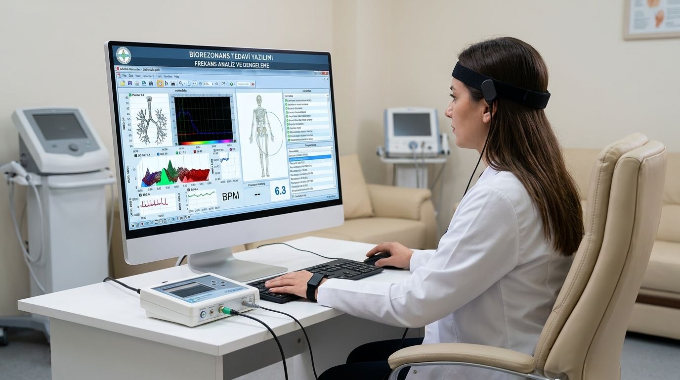 Symbolbild Bioresonanz Software: Frequenzanalyse-Bildschirm mit Grafiken und Programmliste auf einem Desktop-Computer, auf dem Tisch ein per USB angeschlossenes Frequenzgerät und eine Stirnband-Elektrode