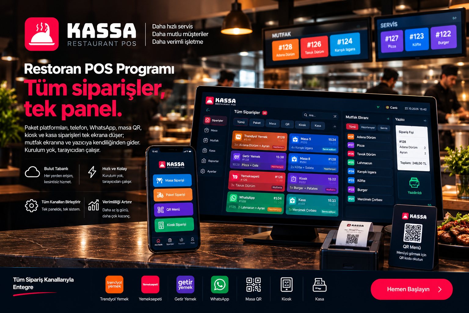 Kassa Restaurant POS restoran POS programı: Trendyol Yemek, Yemeksepeti, Getir Yemek, WhatsApp, masa QR, kiosk ve kasa siparişleri tek panelde; mutfak ekranı, yazıcı ve garson mobil uygulaması