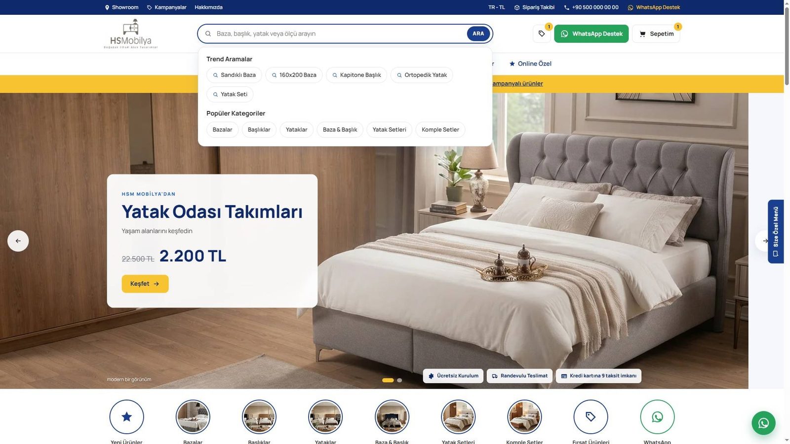 Mobilya e-ticaret sitesi ana sayfası: arama önerileri, trend aramalar, popüler kategoriler, kampanyalı yatak odası takımı vitrini ve WhatsApp destek butonu