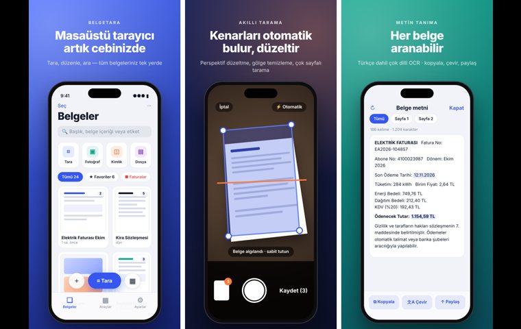 Belgetara iPhone belge tarama uygulaması: belgeler listesi, otomatik kenar bulan akıllı tarama ve Türkçe OCR ekranları