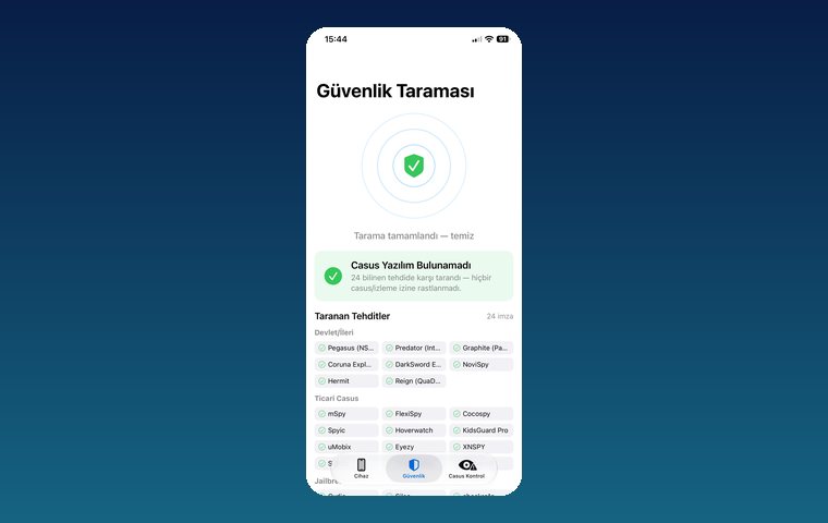 iPhone casus yazılım tespit uygulaması güvenlik taraması ekranı: Pegasus, Predator, mSpy, FlexiSpy ve jailbreak kontrolü