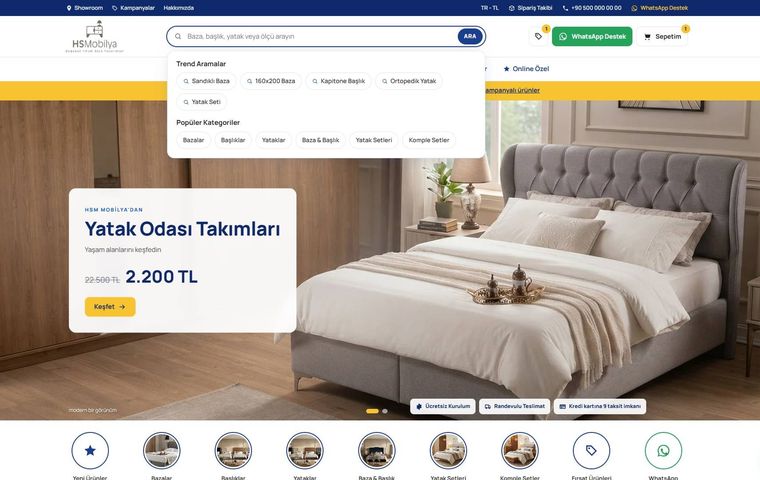 Mobilya E-Ticaret Sistemi ekran görüntüsü – Ölçü, kumaş ve renk seçimiyle anlık fiyat, takım özelleştirme, iyzico taksit ve WhatsApp satış desteği