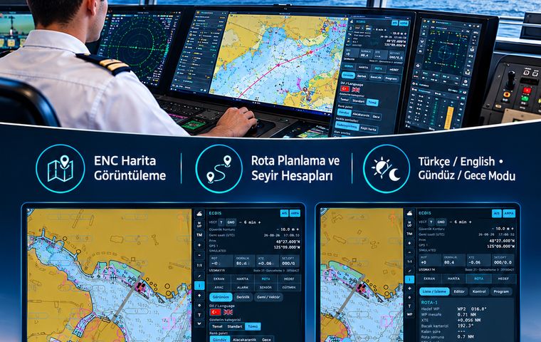 NSİ ECDIS yerli ECDIS eğitim simülatörü: ENC harita ve rota planlama ekranı