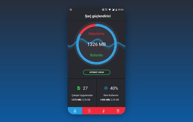 Şarj güçlendirici ve telefon optimizasyon Android uygulaması: depolama, RAM ve çalışan uygulama analizi